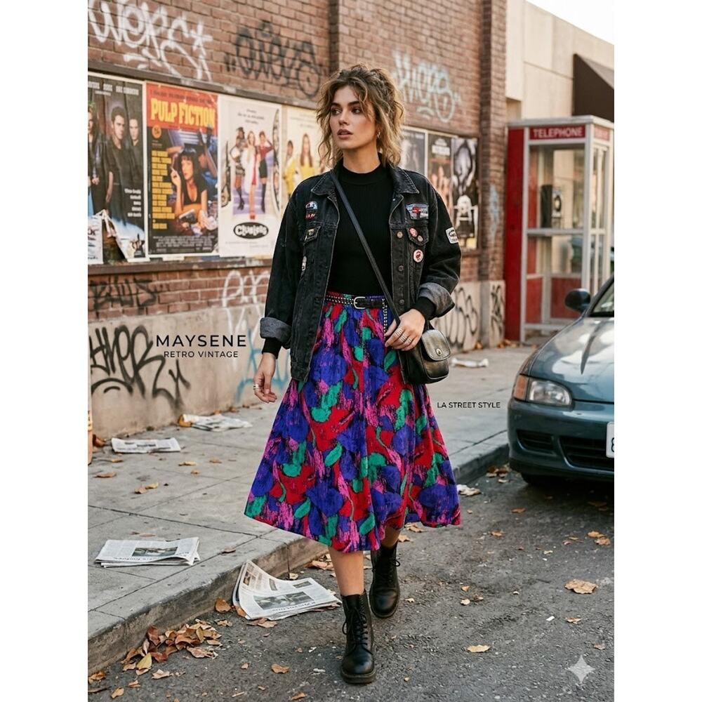 Vintage 80's Maysene Abstract Art to Wear Midi Skirt Bold Neon‎ Geometric Print
